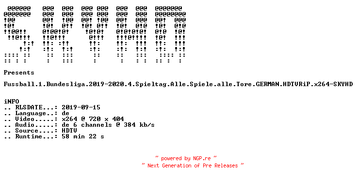 NFO for the release Fussball.1.Bundesliga.2019-2020.4.Spieltag.Alle.Spiele.alle.Tore.GERMAN.HDTVRiP.x264-SKYHD by SKYHD