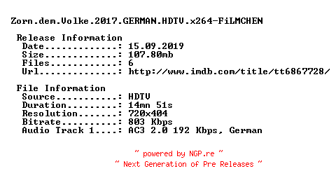 NFO for the release Zorn.dem.Volke.2017.GERMAN.HDTV.x264-FiLMCHEN by FiLMCHEN