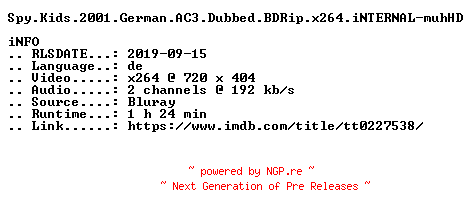 NFO for the release Spy.Kids.2001.German.AC3.Dubbed.BDRip.x264.iNTERNAL-muhHD by muhHD