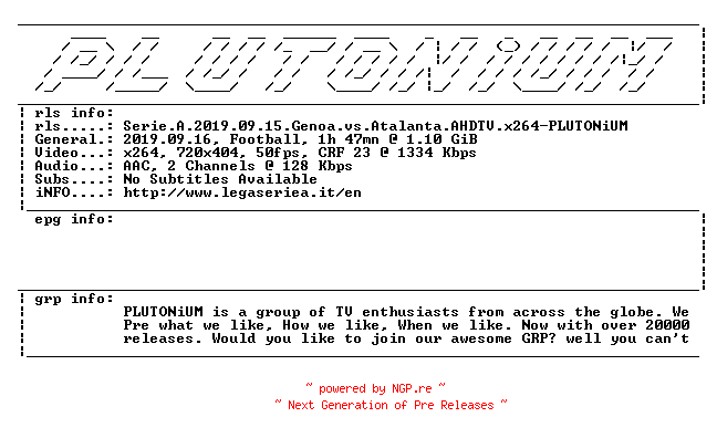 NFO for the release Serie.A.2019.09.15.Genoa.vs.Atalanta.AHDTV.x264-PLUTONiUM by PLUTONiUM