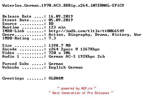 NFO for the release Waterloo.German.1970.AC3.BDRip.x264.iNTERNAL-SPiCY by SPiCY
