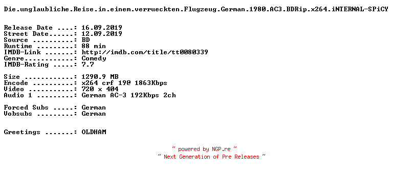 NFO for the release Die.unglaubliche.Reise.in.einem.verrueckten.Flugzeug.German.1980.AC3.BDRip.x264.iNTERNAL-SPiCY by SPiCY