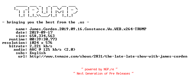 NFO for the release James.Corden.2019.09.16.Constance.Wu.WEB.x264-TRUMP by TRUMP