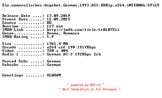NFO for the release Ein.unmoralisches.Angebot.German.1993.AC3.BDRip.x264.iNTERNAL-SPiCY by SPiCY