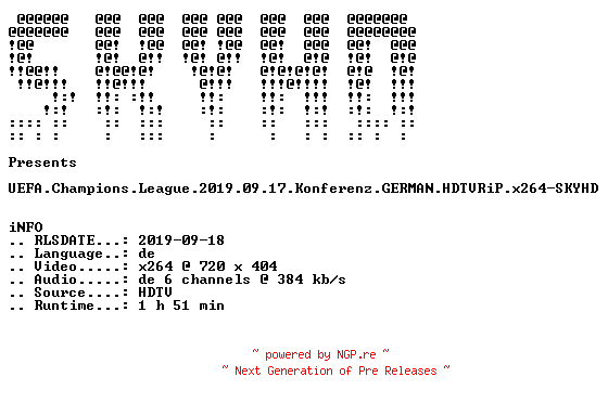 NFO for the release UEFA.Champions.League.2019.09.17.Konferenz.GERMAN.HDTVRiP.x264-SKYHD by SKYHD