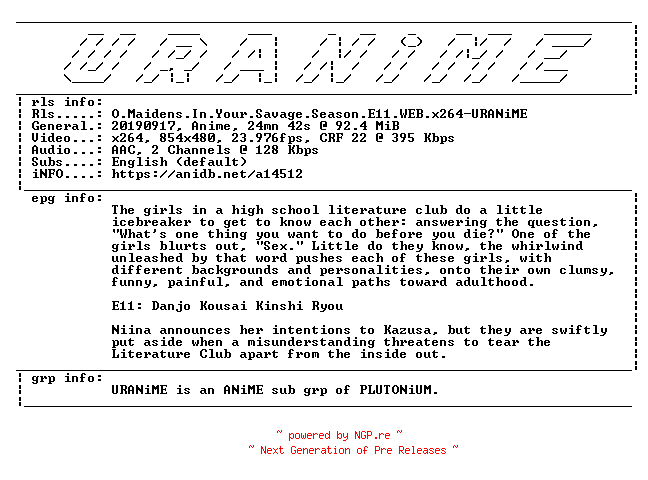 NFO for the release O.Maidens.In.Your.Savage.Season.E11.WEB.x264-URANiME by URANiME
