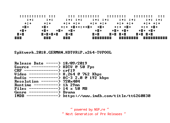 NFO for the release Spaetwerk.2018.GERMAN.HDTVRiP.x264-TVPOOL by TVPOOL