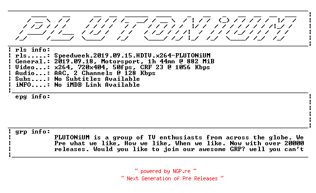 NFO for the release Speedweek.2019.09.15.HDTV.x264-PLUTONiUM by PLUTONiUM