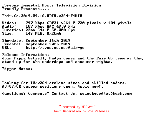 NFO for the release Fair.Go.2019.09.16.HDTV.x264-FiHTV by FiHTV