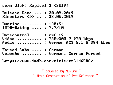 NFO for the release John.Wick.Kapitel.3.German.2019.AC3.BDRip.x264-COiNCiDENCE by COiNCiDENCE