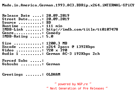 NFO for the release Made.in.America.German.1993.AC3.BDRip.x264.iNTERNAL-SPiCY by SPiCY