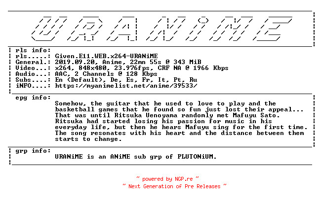 NFO for the release Given.E11.WEB.x264-URANiME by URANiME