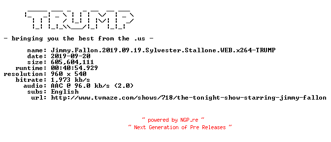 NFO for the release Jimmy.Fallon.2019.09.19.Sylvester.Stallone.WEB.x264-TRUMP by TRUMP