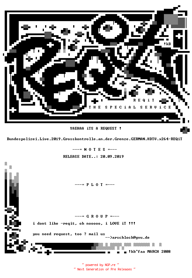 NFO for the release Bundespolizei.Live.2019.Grosskontrolle.an.der.Grenze.GERMAN.HDTV.x264-REQiT by REQiT