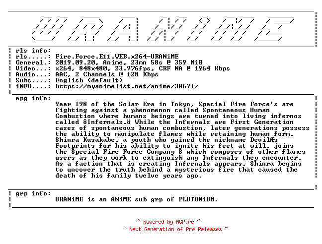 NFO for the release Fire.Force.E11.WEB.x264-URANiME by URANiME