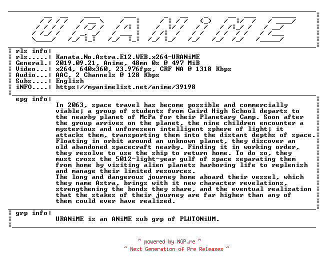 NFO for the release Kanata.No.Astra.E12.WEB.x264-URANiME by URANiME