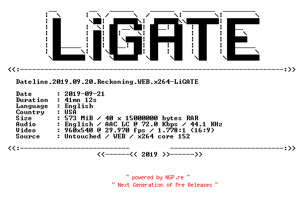 NFO for the release Dateline.2019.09.20.Reckoning.WEB.x264-LiGATE by LiGATE