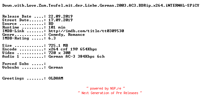NFO for the release Down.with.Love.Zum.Teufel.mit.der.Liebe.German.2003.AC3.BDRip.x264.iNTERNAL-SPiCY by SPiCY