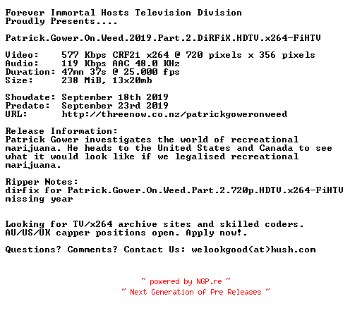 NFO for the release Patrick.Gower.On.Weed.2019.Part.2.DiRFiX.HDTV.x264-FiHTV by FiHTV
