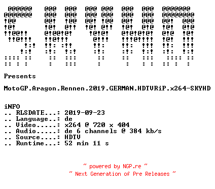 NFO for the release MotoGP.Aragon.Rennen.2019.GERMAN.HDTVRiP.x264-SKYHD by SKYHD