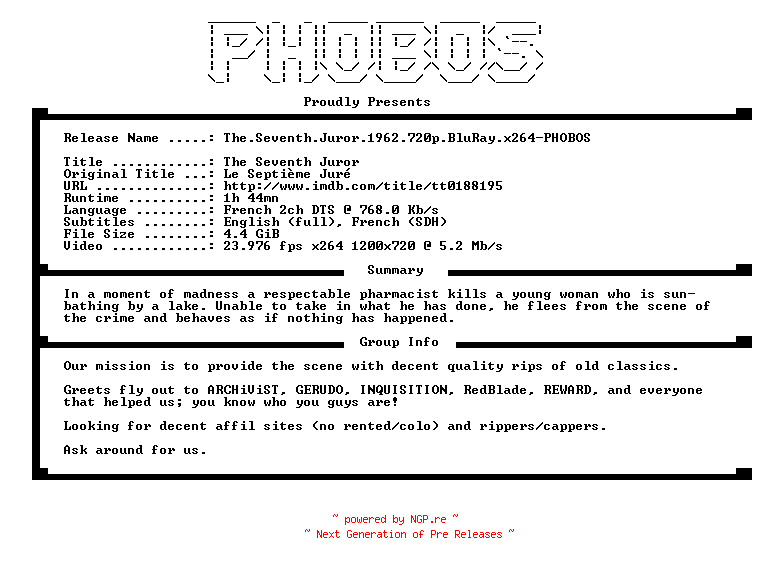 NFO for the release The.Seventh.Juror.1962.720p.BluRay.x264-PHOBOS by PHOBOS