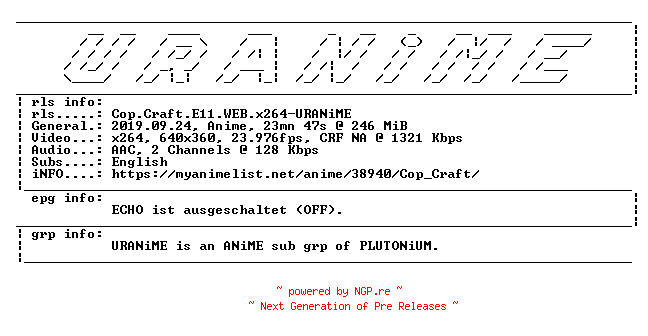 NFO for the release Cop.Craft.E11.WEB.x264-URANiME by URANiME