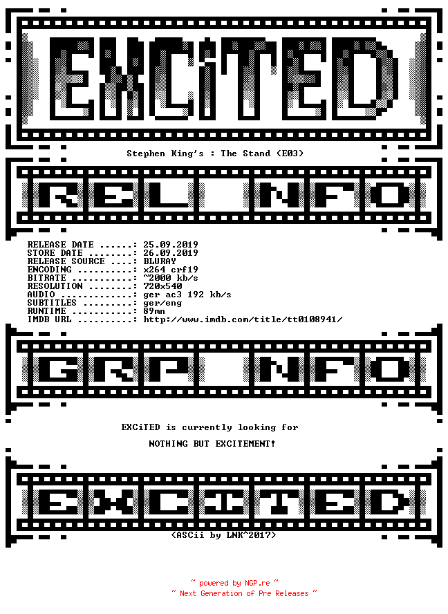 NFO for the release Stephen.Kings.The.Stand.E03.German.Remastered.FS.BDRip.x264-EXCiTED by EXCiTED