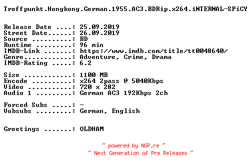 NFO for the release Treffpunkt.Hongkong.German.1955.AC3.BDRip.x264.iNTERNAL-SPiCY by SPiCY