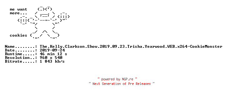 NFO for the release The.Kelly.Clarkson.Show.2019.09.23.Trisha.Yearwood.WEB.x264-CookieMonster by CookieMonster