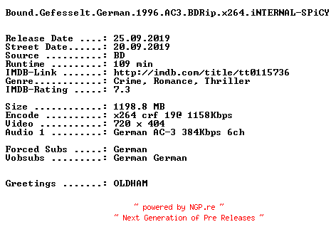 NFO for the release Bound.Gefesselt.German.1996.AC3.BDRip.x264.iNTERNAL-SPiCY by SPiCY