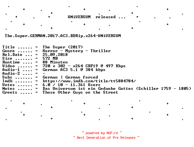 NFO for the release The.Super.GERMAN.2017.AC3.BDRip.x264-UNiVERSUM by UNiVERSUM
