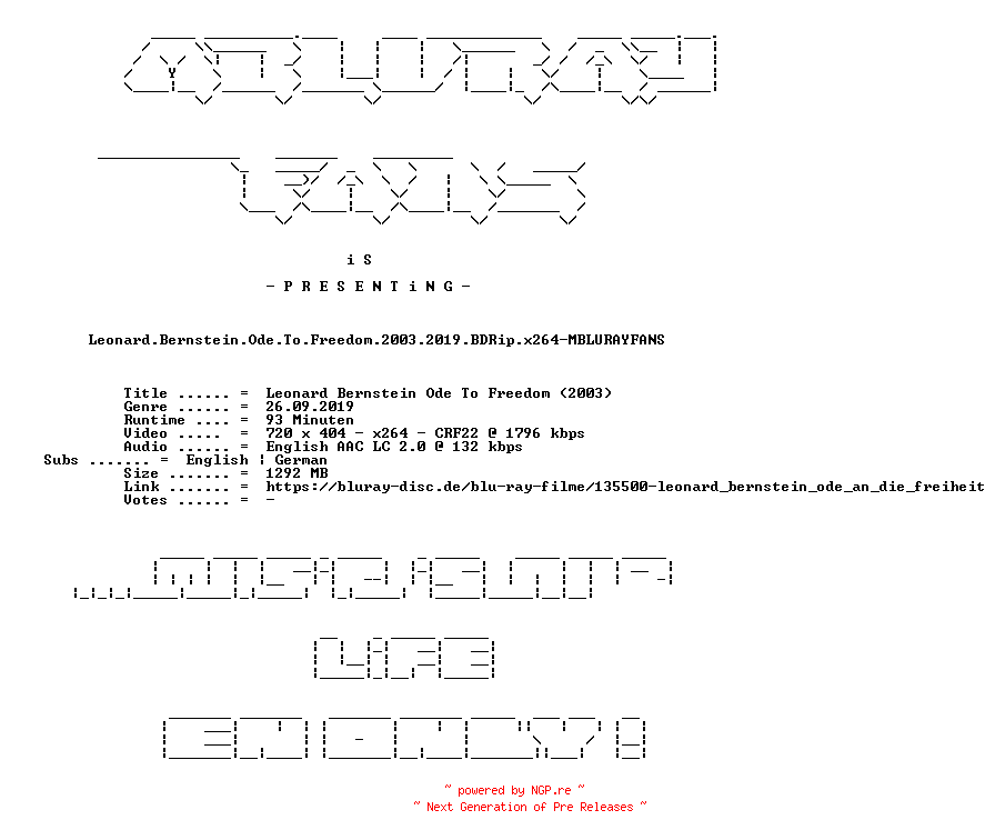 NFO for the release Leonard.Bernstein.Ode.To.Freedom.2003.2019.BDRip.x264-MBLURAYFANS by MBLURAYFANS