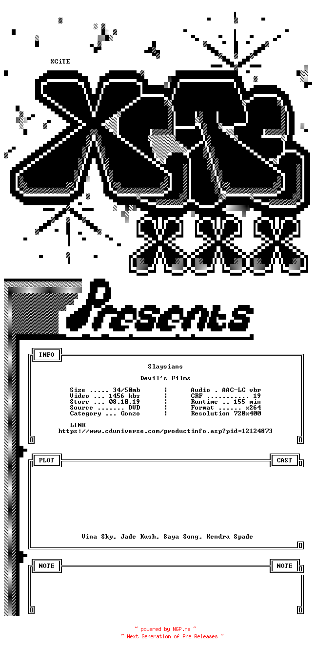 NFO for the release Slaysians.XXX.DVDRip.x264-XCiTE by XCiTE