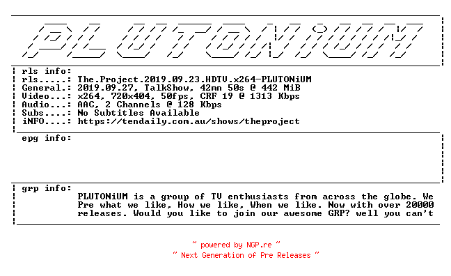 NFO for the release The.Project.2019.09.23.HDTV.x264-PLUTONiUM by PLUTONiUM