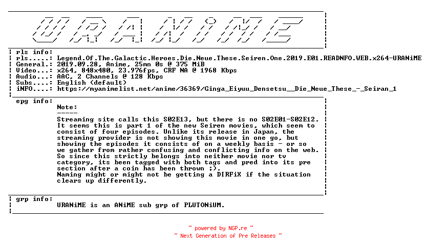 NFO for the release Legend.Of.The.Galactic.Heroes.Die.Neue.These.Seiren.One.2019.E01.READNFO.WEB.x264-URANiME by URANiME
