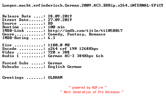 NFO for the release Luegen.macht.erfinderisch.German.2009.AC3.BDRip.x264.iNTERNAL-SPiCY by SPiCY
