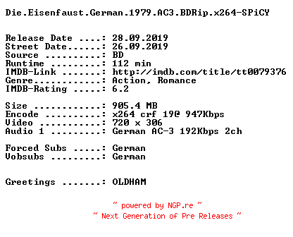 NFO for the release Die.Eisenfaust.German.1979.AC3.BDRip.x264-SPiCY by SPiCY