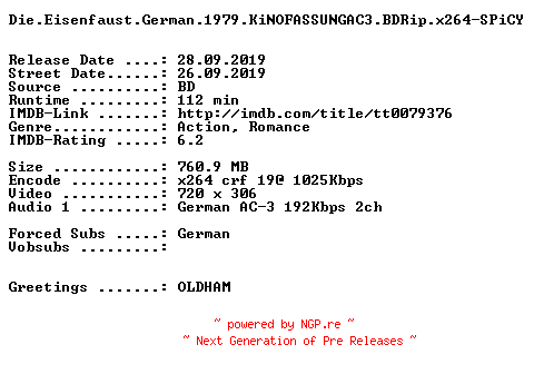 NFO for the release Die.Eisenfaust.German.1979.KiNOFASSUNG.AC3.BDRip.x264-SPiCY by SPiCY