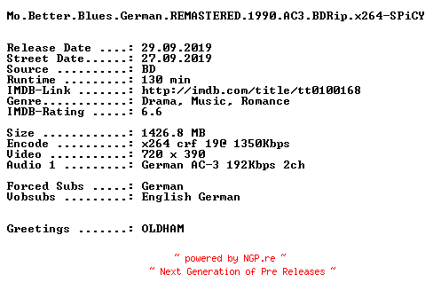 NFO for the release Mo.Better.Blues.German.REMASTERED.1990.AC3.BDRip.x264-SPiCY by SPiCY