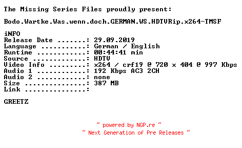 NFO for the release Bodo.Wartke.Was.wenn.doch.GERMAN.WS.HDTVRip.x264-TMSF by TMSF