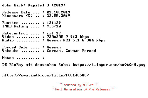 NFO for the release John.Wick.Kapitel.3.German.2019.AC3.BDRip.x264.READ.NFO-COiNCiDENCE by COiNCiDENCE