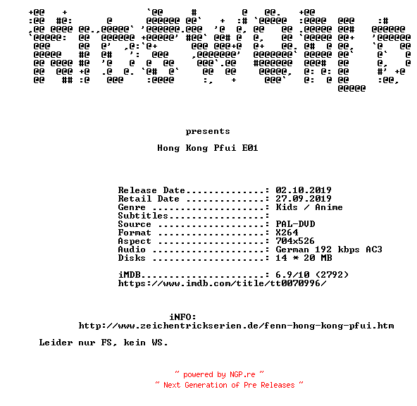 NFO for the release Hong.Kong.Pfui.E01.Der.Kaenguruh.Klau.German.FS.DVDRip.x264.DiRFiX-KiDSWORLD by KiDSWORLD