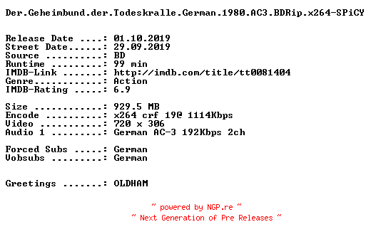 NFO for the release Der.Geheimbund.der.Todeskralle.German.1980.AC3.BDRip.x264-SPiCY by SPiCY
