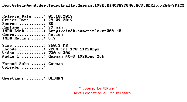 NFO for the release Der.Geheimbund.der.Todeskralle.German.1980.KiNOFASSUNG.AC3.BDRip.x264-SPiCY by SPiCY