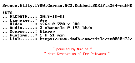 NFO for the release Bronco.Billy.1980.German.AC3.Dubbed.BDRiP.x264-muhHD by muhHD