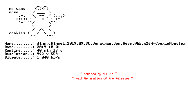 NFO for the release Jimmy.Kimmel.2019.09.30.Jonathan.Van.Ness.WEB.x264-CookieMonster by CookieMonster