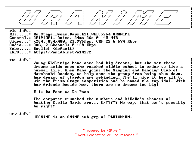 NFO for the release Re.Stage.Dream.Days.E11.WEB.x264-URANiME by URANiME