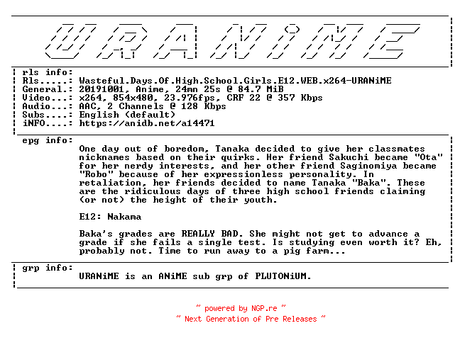 NFO for the release Wasteful.Days.Of.High.School.Girls.E12.WEB.x264-URANiME by URANiME