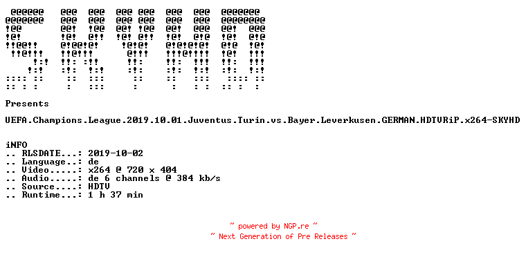 NFO for the release UEFA.Champions.League.2019.10.01.Juventus.Turin.vs.Bayer.Leverkusen.GERMAN.HDTVRiP.x264-SKYHD by SKYHD