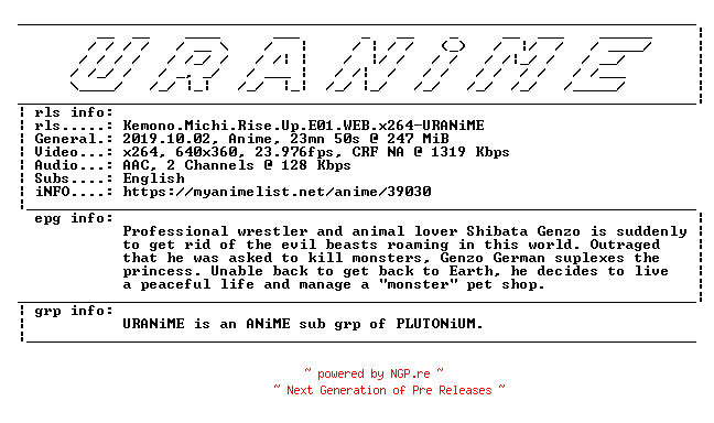 NFO for the release Kemono.Michi.Rise.Up.E01.WEB.x264-URANiME by URANiME